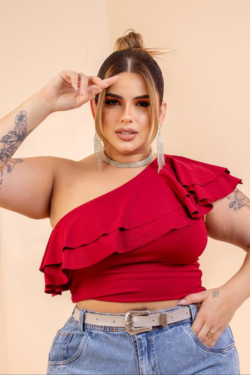 REF 492 Cropped unilateral de dois babados 